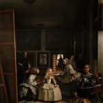 painting of people in dresses in a dark room