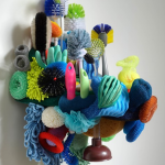 Linda Aldrich, Renew Your Reef. (2012) brushes, sponges, scrubbers, scouring pads, mop heads, plunger, gloves, wood, 28x15x18in