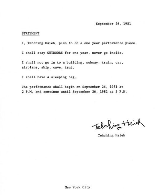 Teching Hseih, One Year Performance Statement (1981) New York City