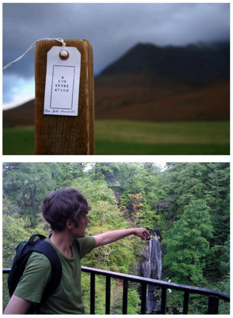 label on sign post and man drinking in nature