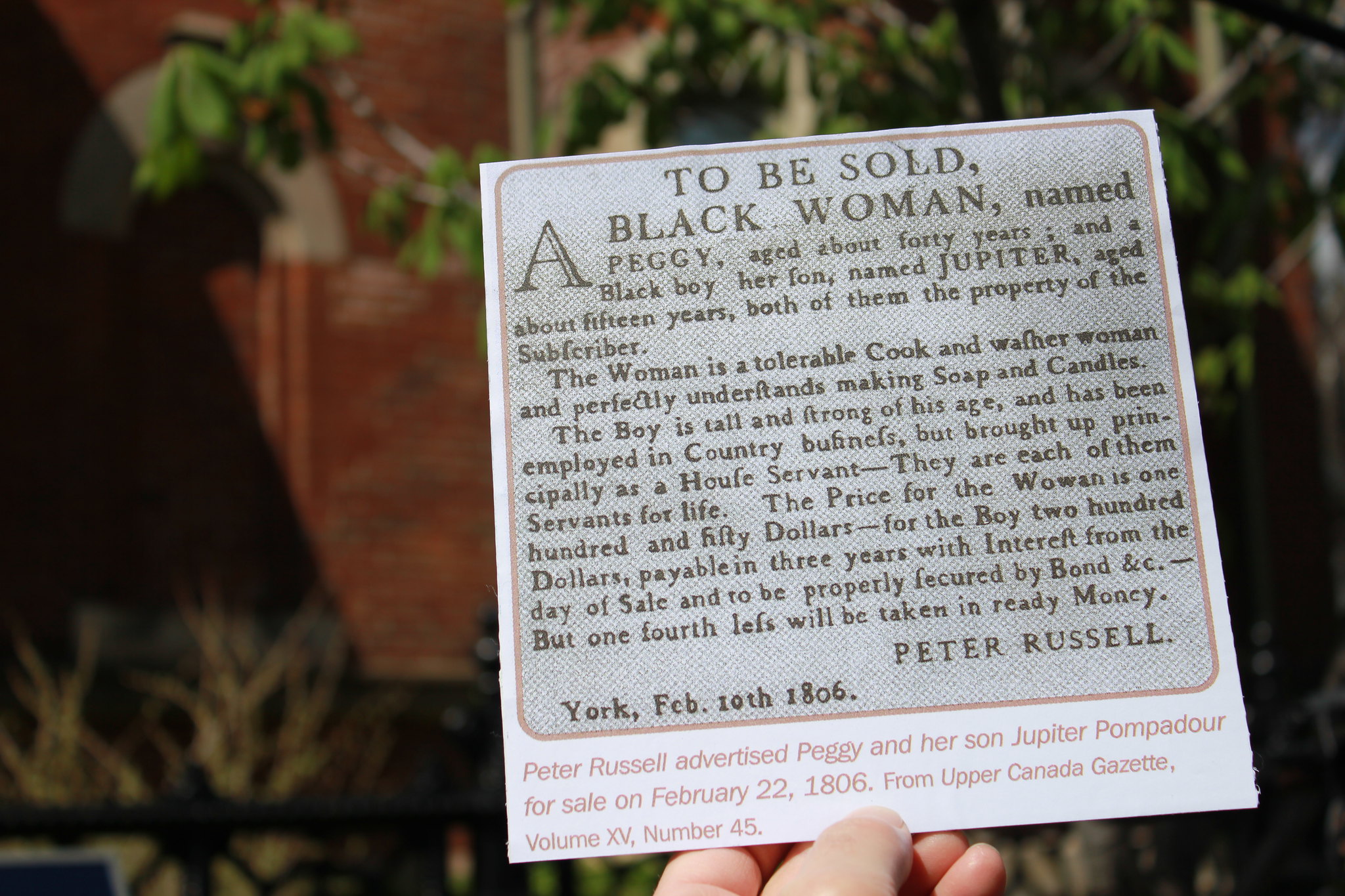 photo of a handout describing sales of slaves