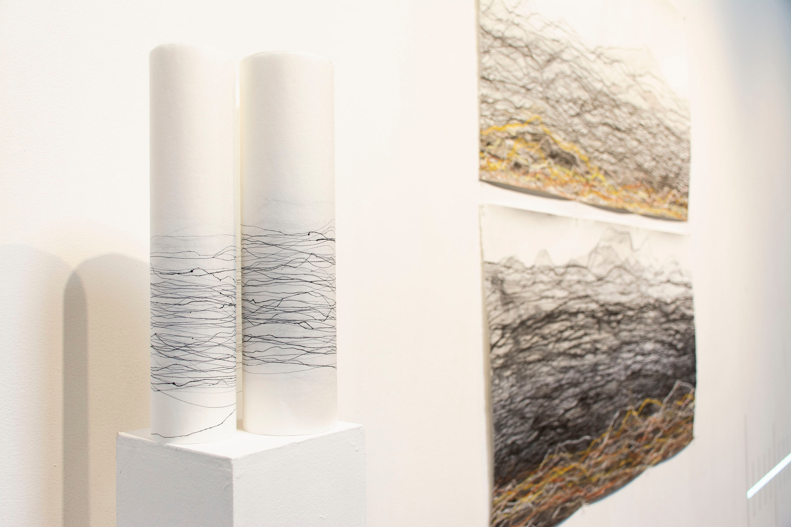 drawings of abstract lines on the wall and curled up on a pedestal